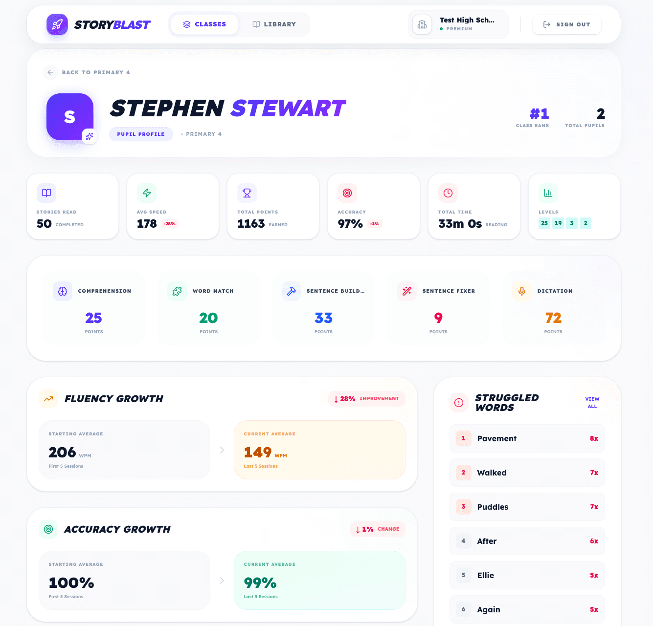 Detailed StoryBlast pupil literacy profile