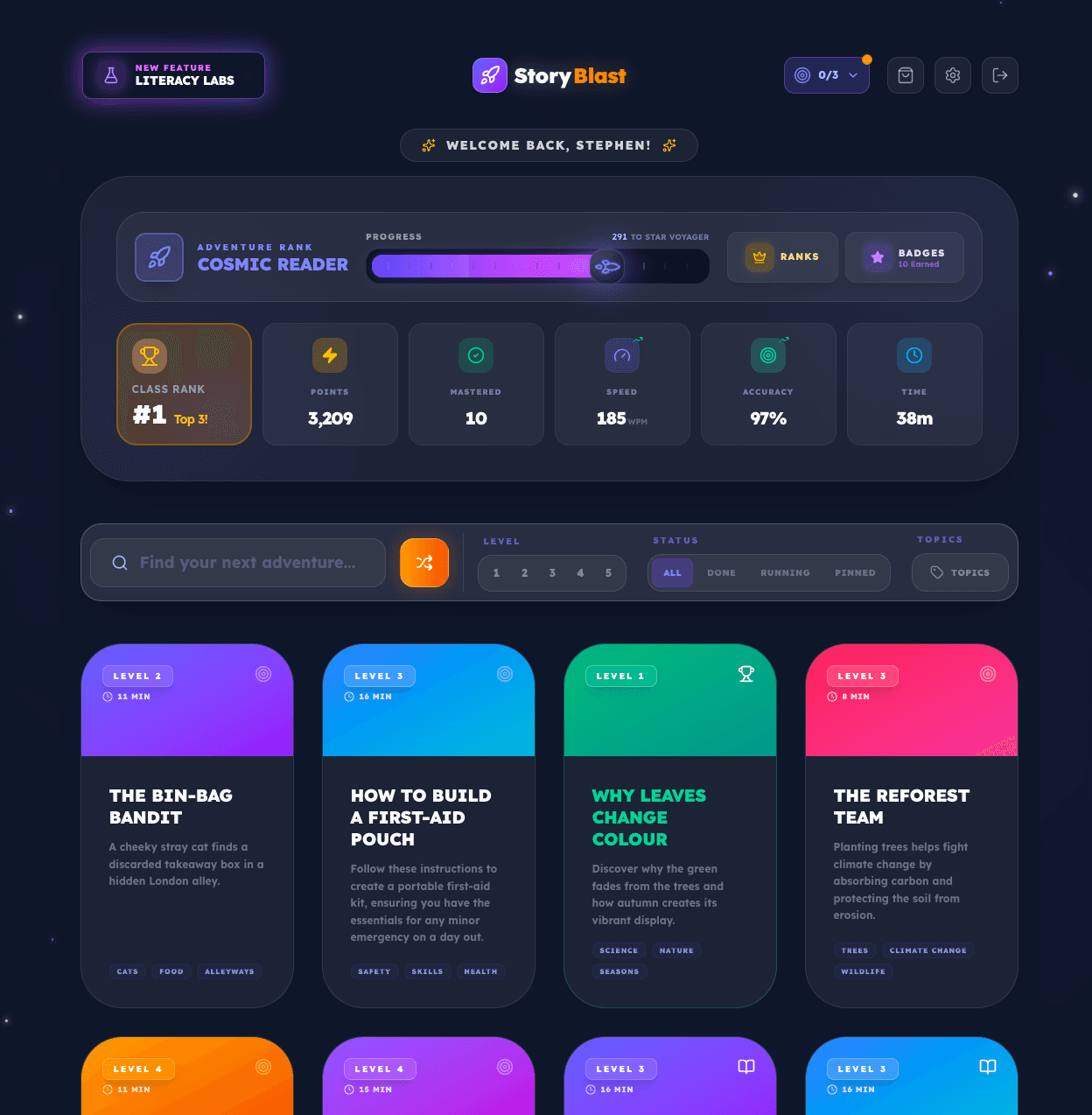 StoryBlast Student Library Dashboard - Engaging Literacy Platform for UK Schools