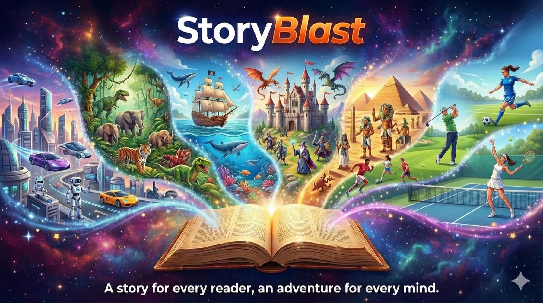 A selection of StoryBlast themes including adventure, sport, history, science and mystery